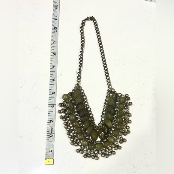 Vintage Faceted Olive Green Lucite Necklace Cascade Waterfall Bib Pewter, EUC - Picture 4 of 11